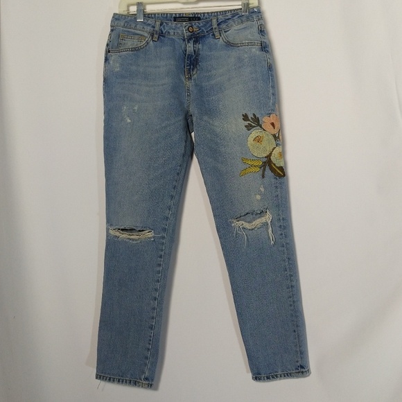 Zara Embroid Girlfriend Distress Jeans 4 Hard Find - Picture 1 of 5